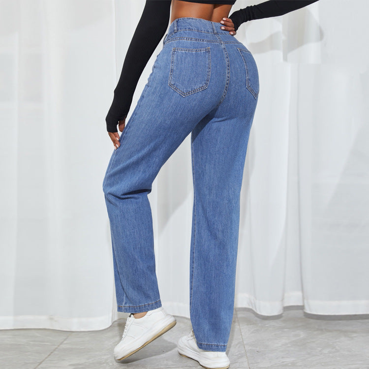 Women's high-waisted straight-cut jeans with V-shaped waistband and wide leg Amarae