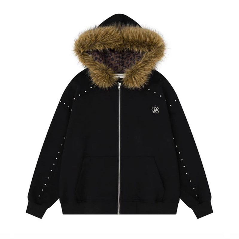 Women's hooded sweat jacket with faux fur trim, leopard lining and decorative studs Amarae