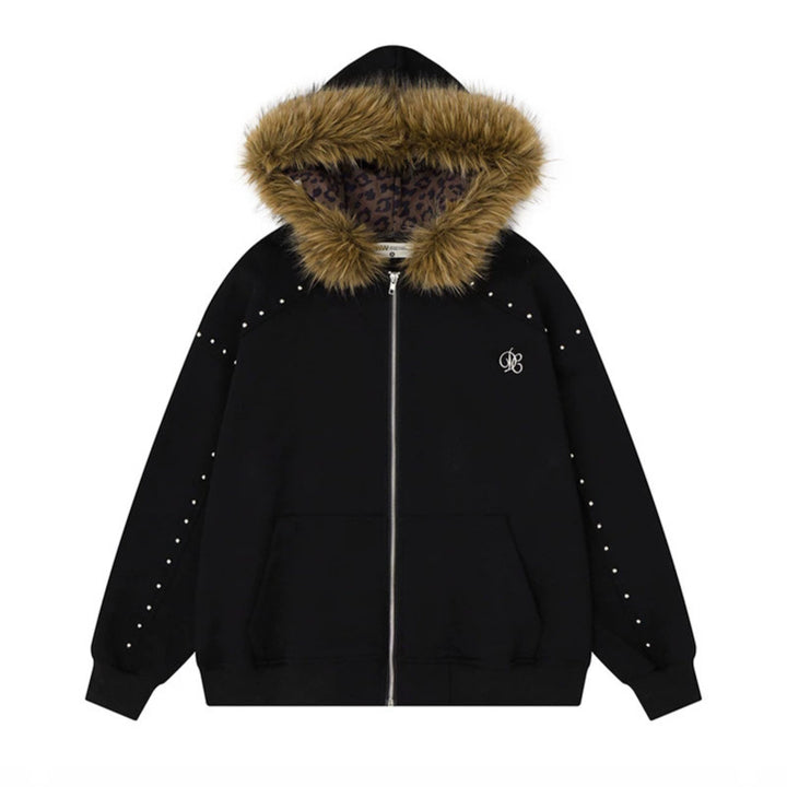 Women's hooded sweat jacket with faux fur trim, leopard lining and decorative studs Amarae