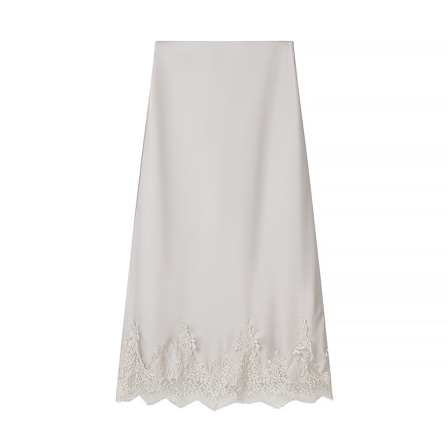 Women's Two-Piece Satin Set with Wrap Blouse and Midi Skirt with Lace Trim Amarae