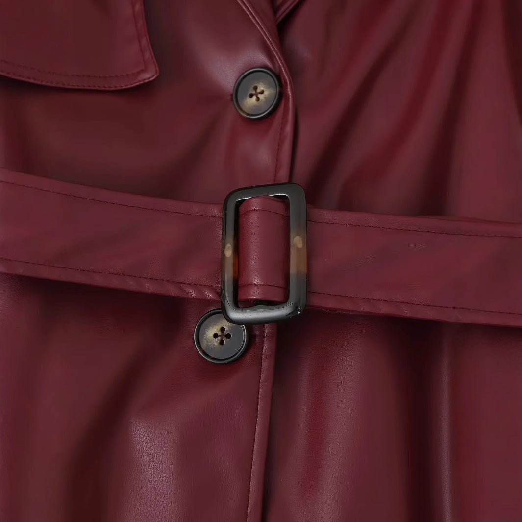Elegant synthetic leather trench coat for women with belt Lune London