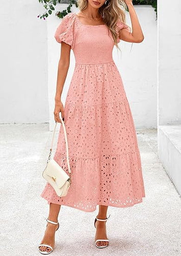 Maxi dress for women with decorative cut-out pattern and puff sleeves Amarae