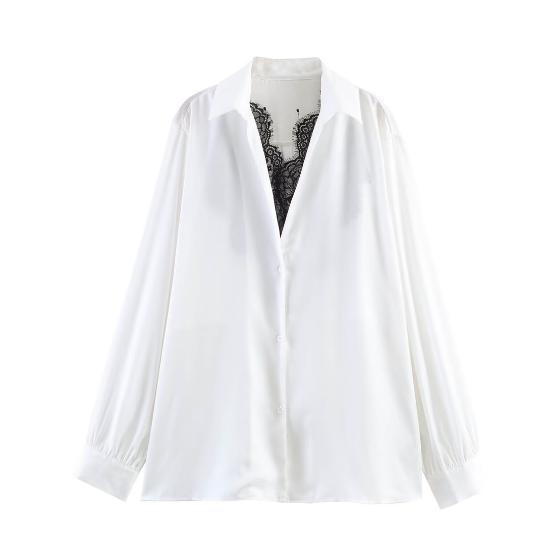 Women's Silky Oversized Blouse with Lace Insert and Shirt Collar Amarae