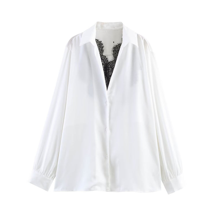 Women's Silky Oversized Blouse with Lace Insert and Shirt Collar Amarae