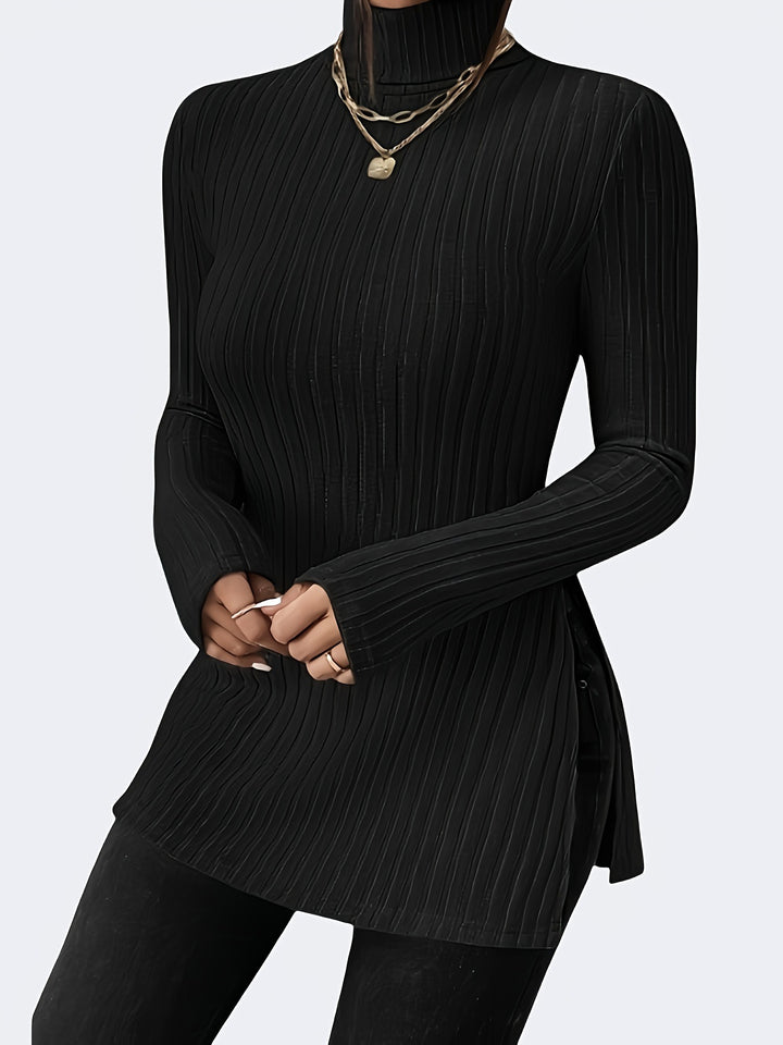 Women Long Sleeve Ribbed Knit Top with Turtleneck Lune London