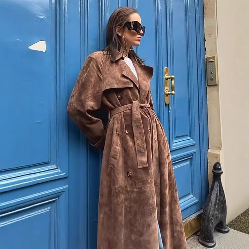 Amarae elegant fitted suede leather trench coat for women with belt