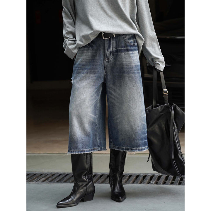 Women's Cropped Denim Culotte with Frayed Hem and Vintage Wash Amarae