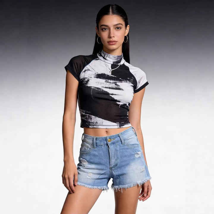 Ladies Crop Top and High-Waist Jeans Shorts Lune London