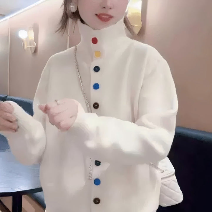 Short knitted jacket for women with colorful button details Lune London