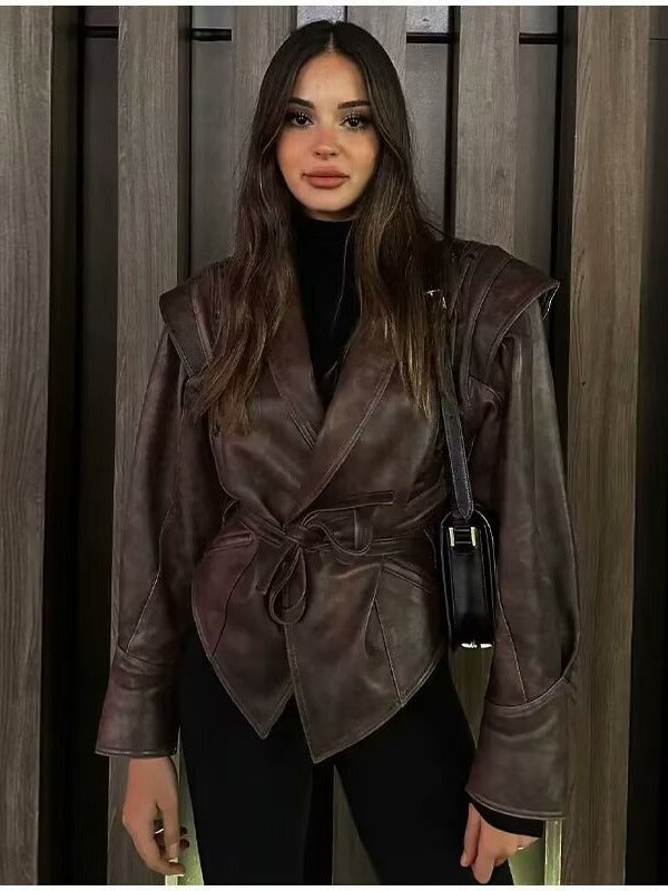 Fitted faux leather jacket for women with playful lace-up detail Lune London