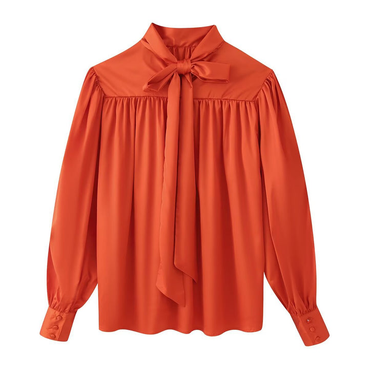 Women's Flowing Satin Blouse with Gathered Back and Balloon Sleeves Amarae
