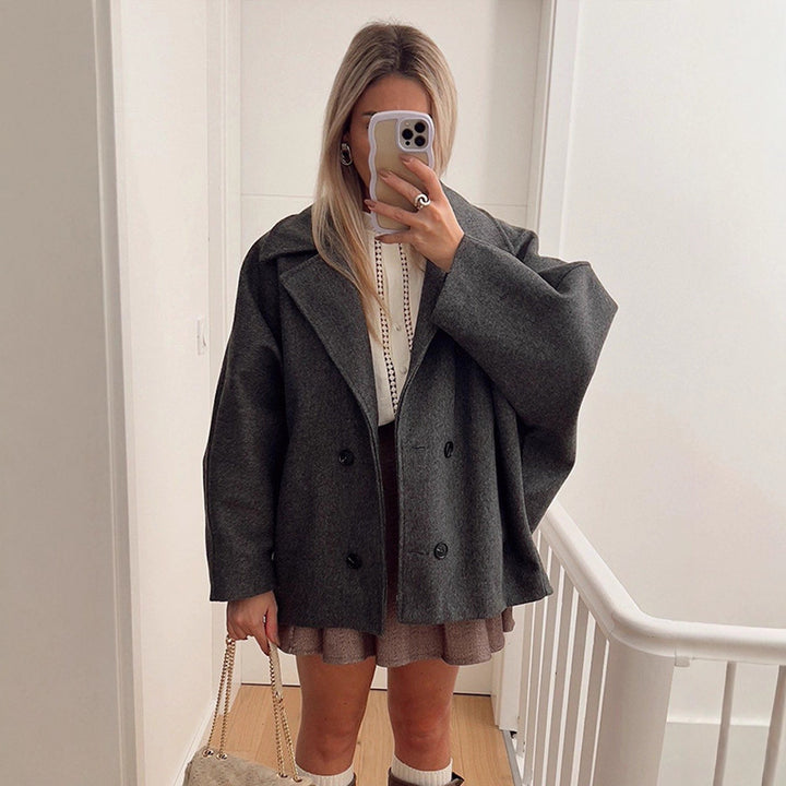 Women's Boxy Wool Blend Cocoon Jacket with Double-Breasted Button Placket and Wide Lapels Amarae