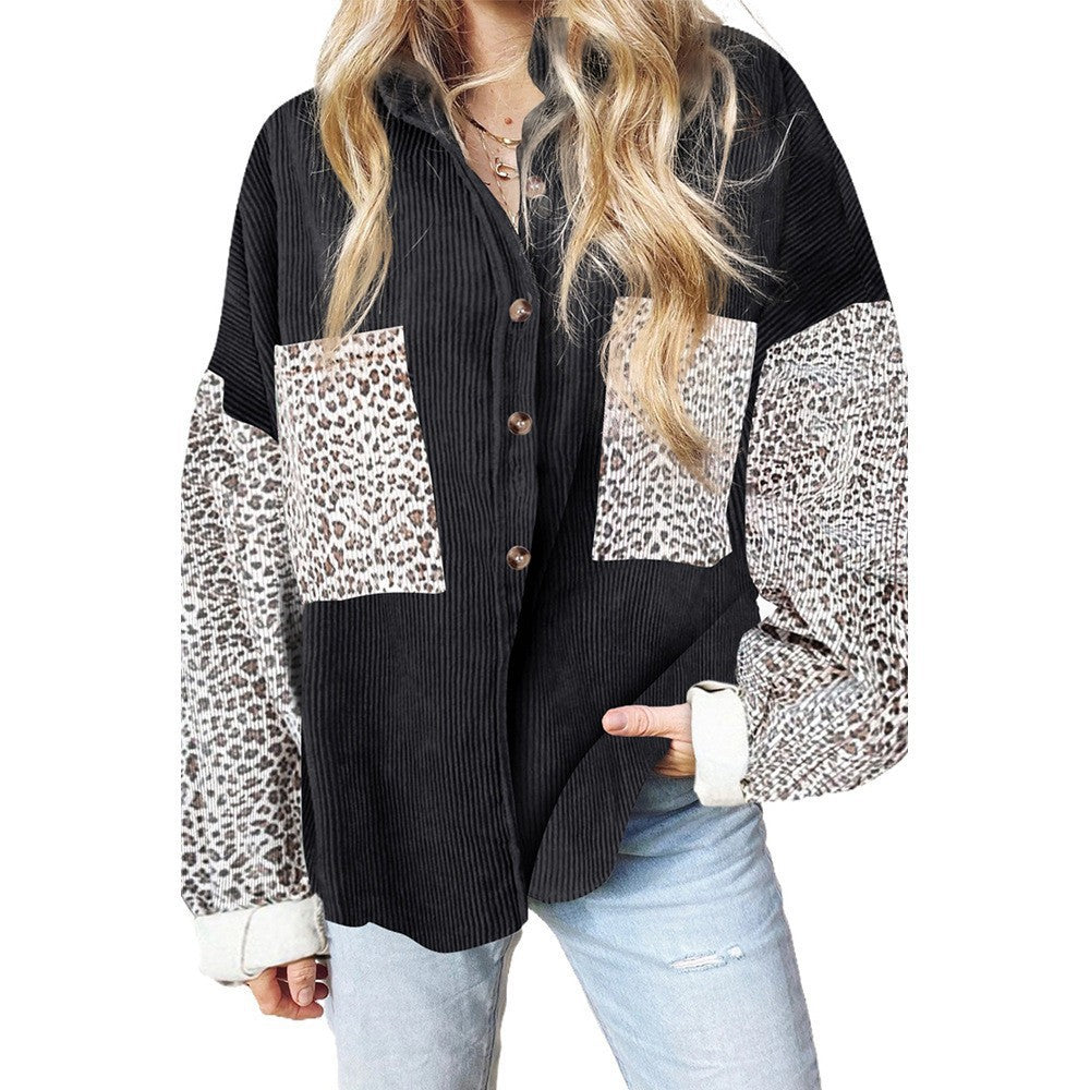 Ladies oversized shirt blouse with textured fabric and leopard print inserts Amarae