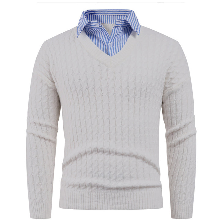Men's knitted sweater with cable knit pattern and V-neck Lune London