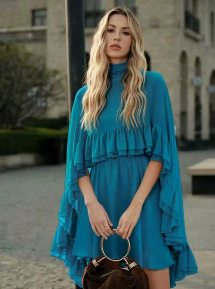Women Elegant Ruffle Dress with High Neckline and Flowing Cut Lune London