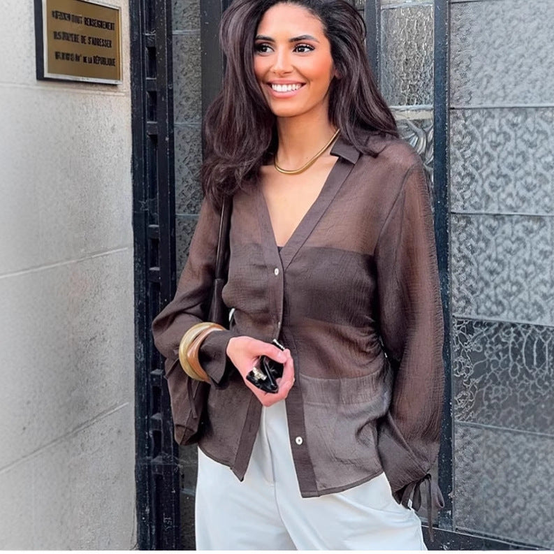 Women's Transparent Crinkle-Chiffon Blouse with Tailored Panel Construction & Laced Sleeves Amarae