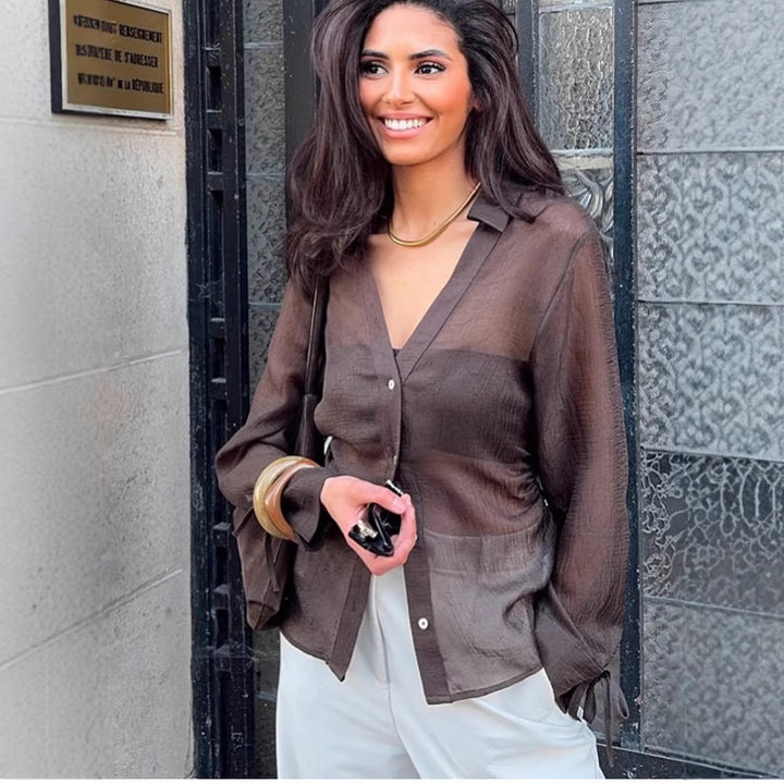 Women's Transparent Crinkle-Chiffon Blouse with Tailored Panel Construction & Laced Sleeves Amarae