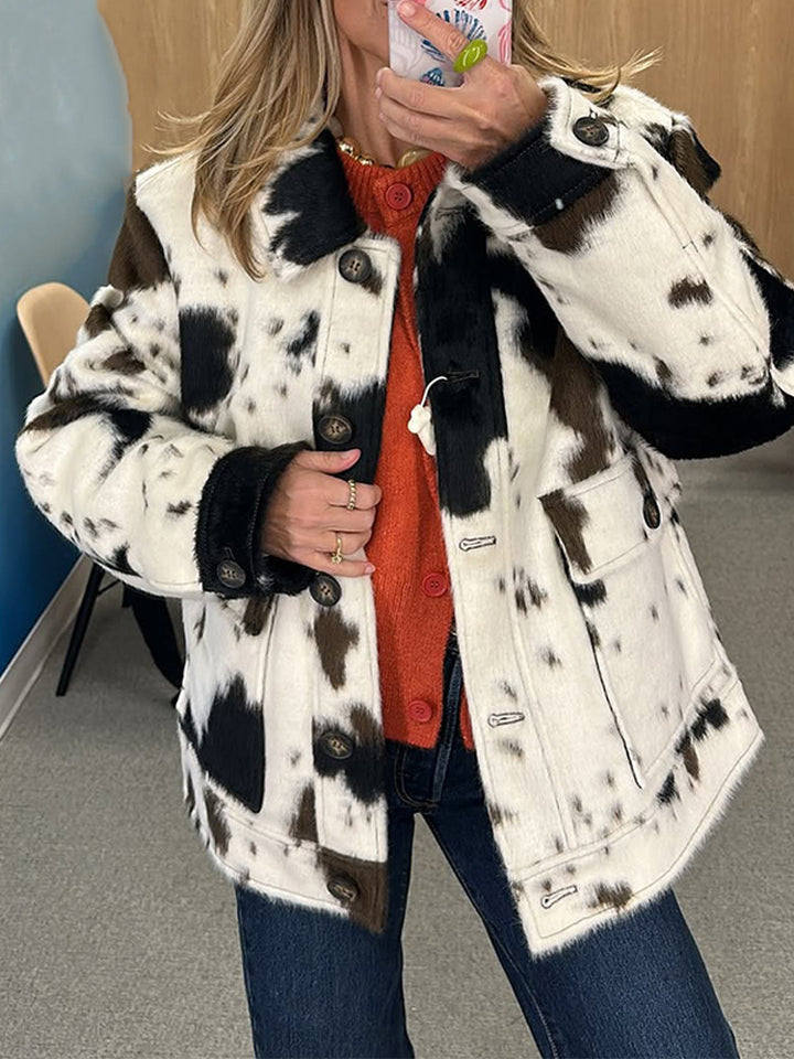 Women's short faux fur jacket in spotted pattern with shawl collar, wooden buttons & patch pockets Amarae
