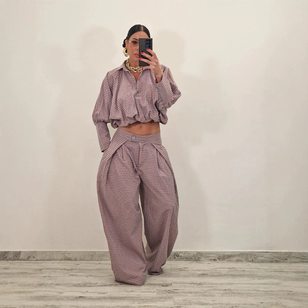 Women's Two-Piece Checked Set with Cropped Oversized Shirt and Wide Pleated Trousers Amarae