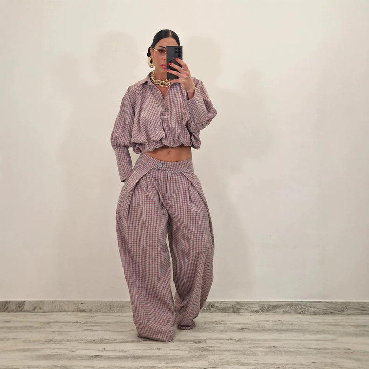 Women's Two-Piece Checked Set with Cropped Oversized Shirt and Wide Pleated Trousers Amarae