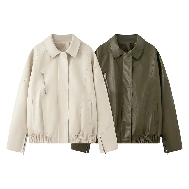 Fashionable women's faux leather jacket with elastic hem and practical pockets Lune London