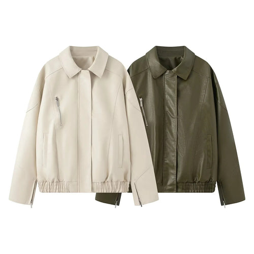 Fashionable women's faux leather jacket with elastic hem and practical pockets Amarae