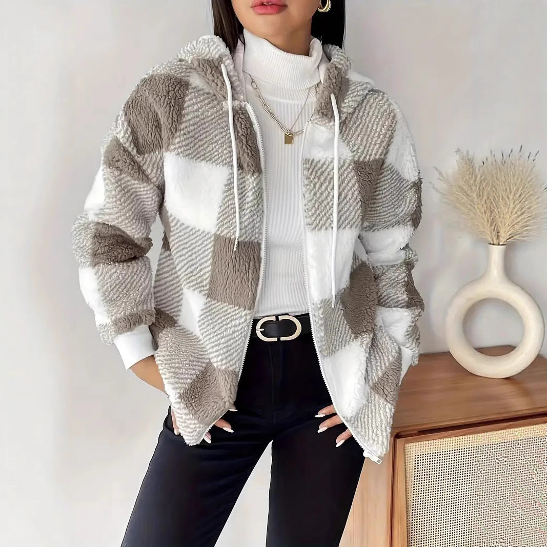 Ladies Cozy Hooded Jacket in Chic Checkered Design