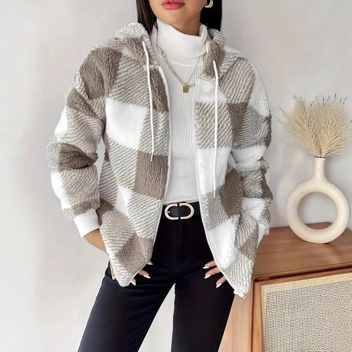 Ladies Cozy Hooded Jacket in Chic Checkered Design