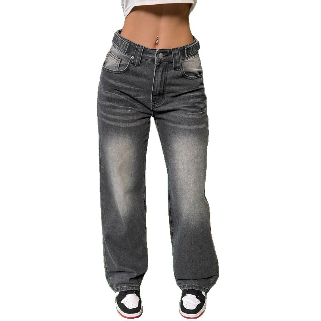 Women's High-Waisted Casual Wide-Leg Denim Pants with Vintage Wash and Extra Length Amarae
