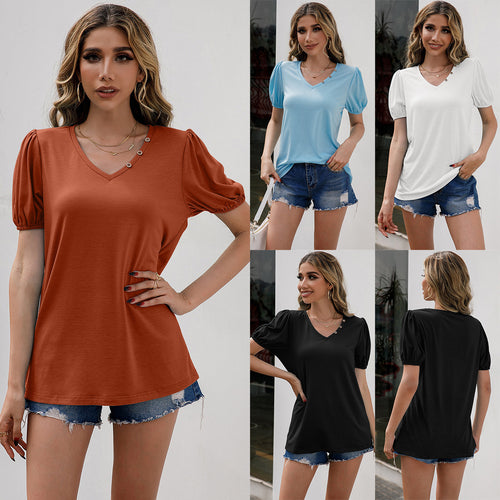 V-neck t-shirt for women with trendy puff sleeves and button details Amarae