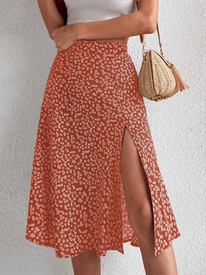 Midi skirt for women with asymmetrical slit and floral pattern Lune London