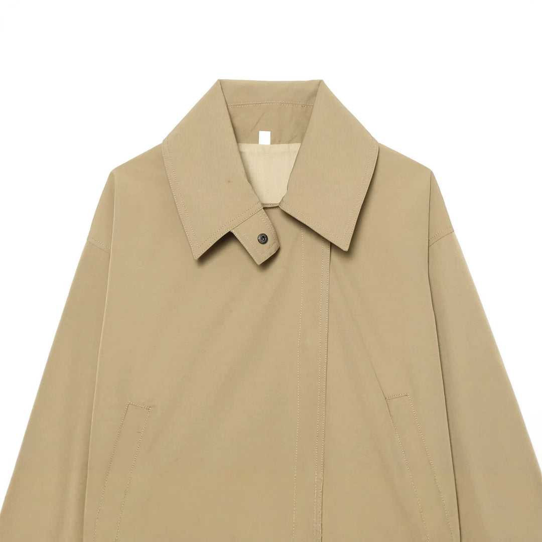 Women's Cropped Transitional Jacket with Wide Kent Collar and Concealed Button Placket Amarae