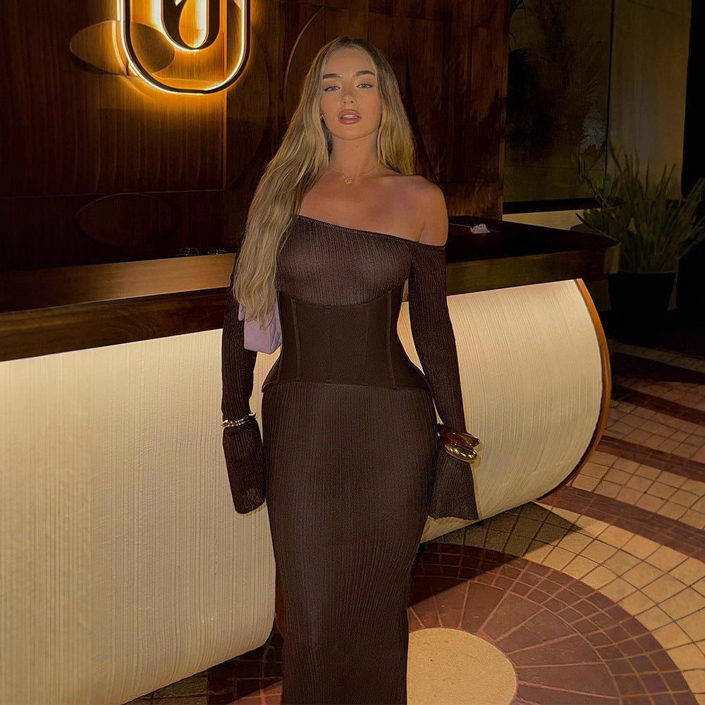 Women's One-Shoulder Maxi Dress with Shaping Corset Waist and Ribbed Knit Amarae