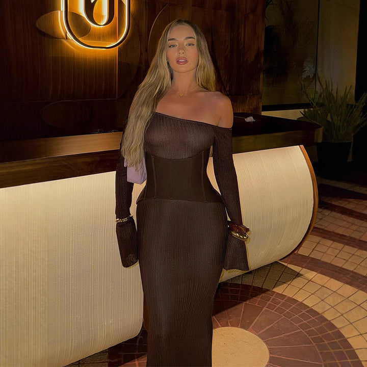 Women's One-Shoulder Maxi Dress with Shaping Corset Waist and Ribbed Knit Amarae