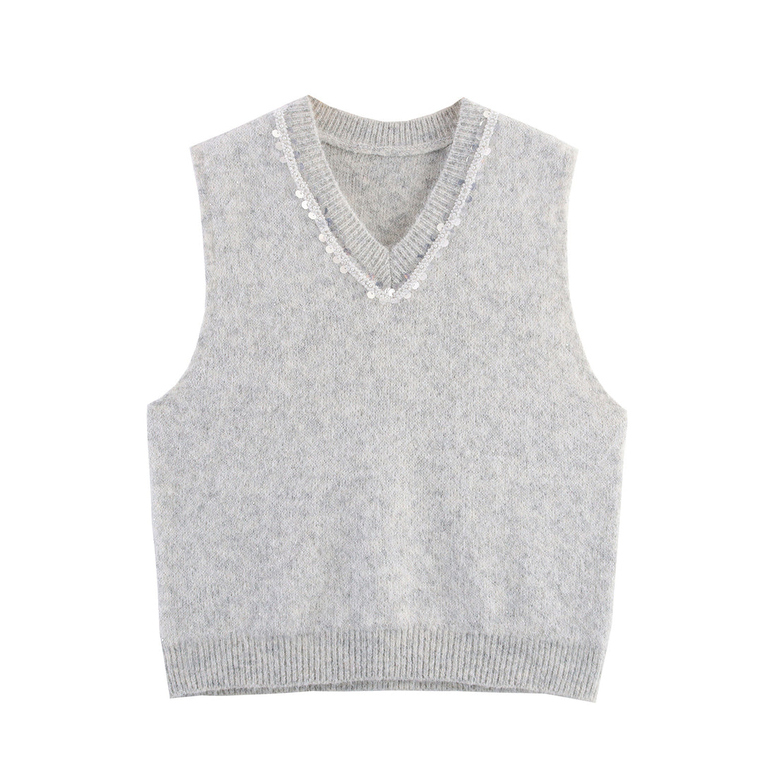 Women's Sleeveless Mohair-Look Knitted Vest with V-Neck and Decorative Sequins Amarae