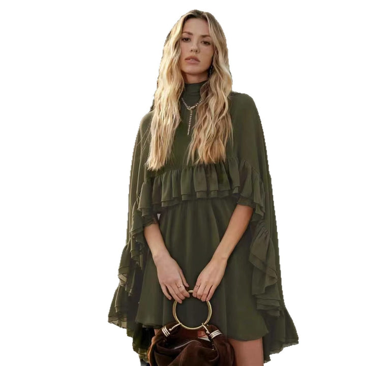Women Elegant Ruffle Dress with High Neckline and Flowing Cut Lune London