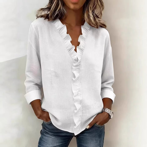 Women's romantic blouse with ruffle details and V-neck Amarae