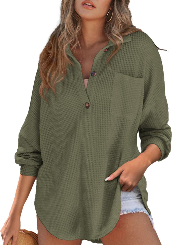 Casual waffle knit sweater for women with button placket and chest pocket Lune London