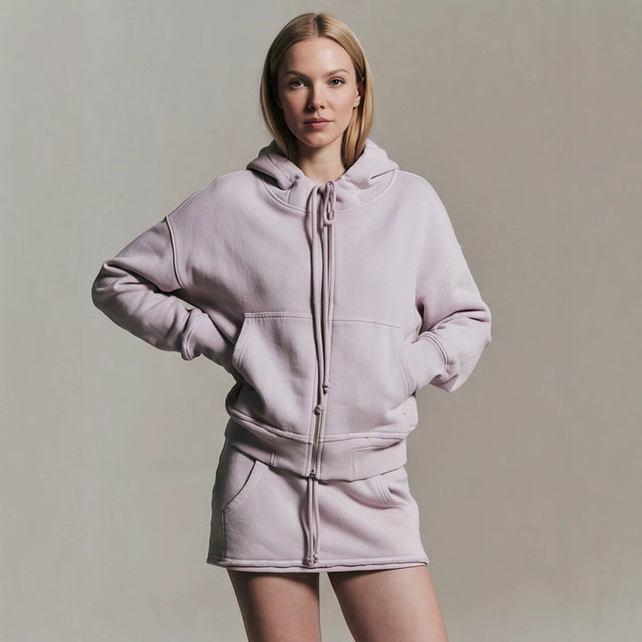 Ladies cropped hoodie sweatshirt with full zip, kangaroo pockets, and extended sleeve cuffs Amarae