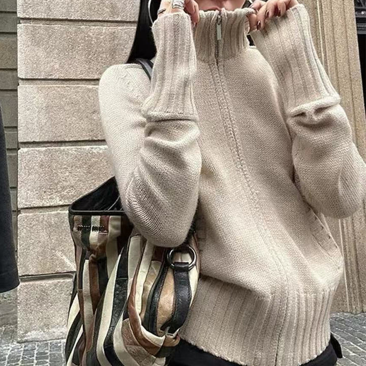 Knit sweater for women with high turtle neck and ribbed structure Lune London