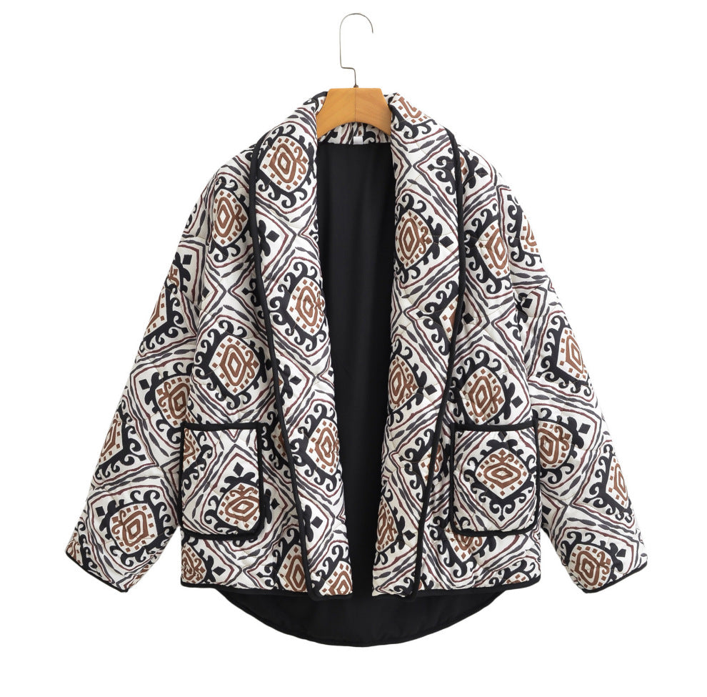 Women's Oversize Quilted Short Jacket in Kimono Style with Ethno Pattern Amarae