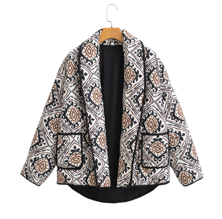 Women's Oversize Quilted Short Jacket in Kimono Style with Ethno Pattern Amarae
