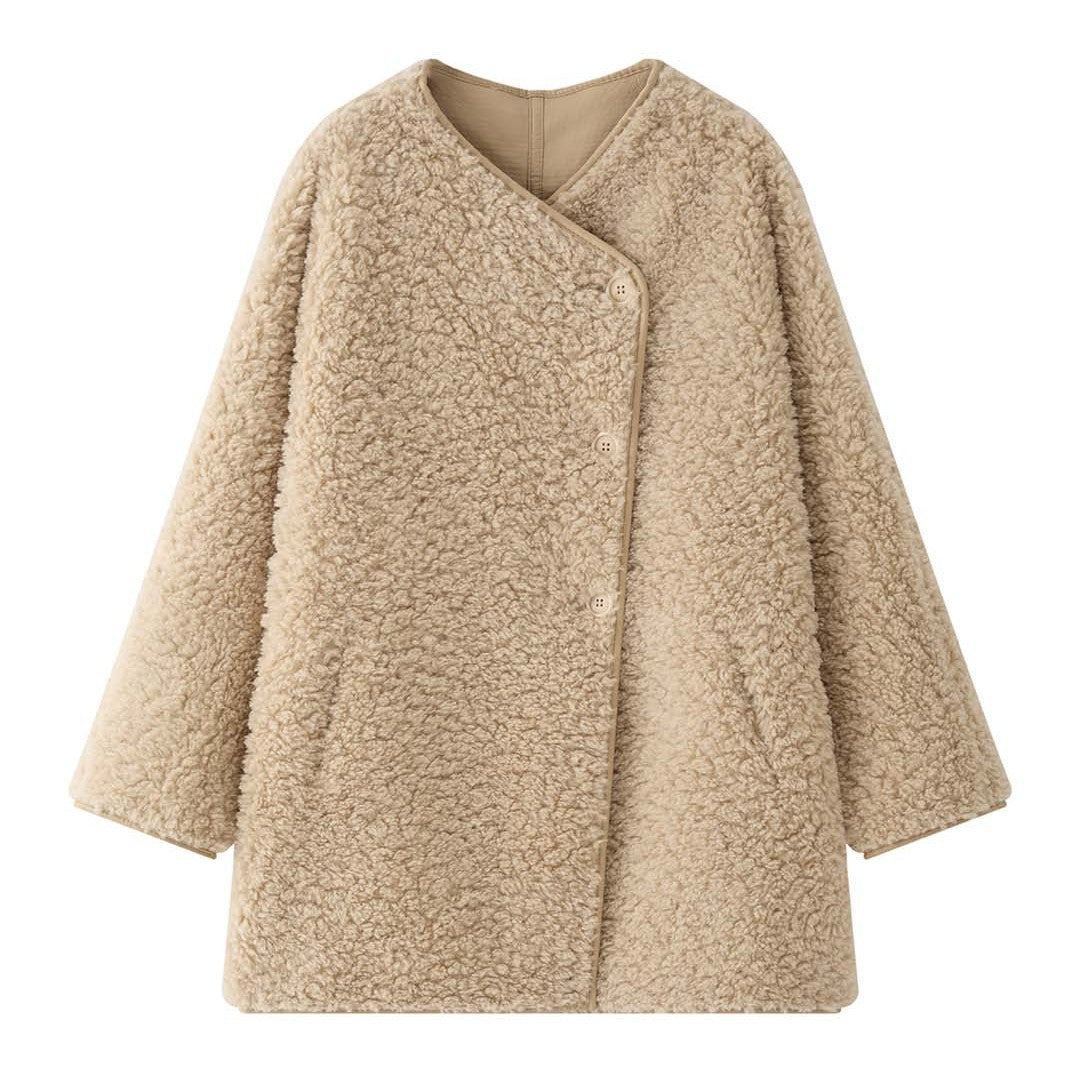 Women Short Jacket Teddy Fleece with Button Front and Contrasting Edge Finish Amarae