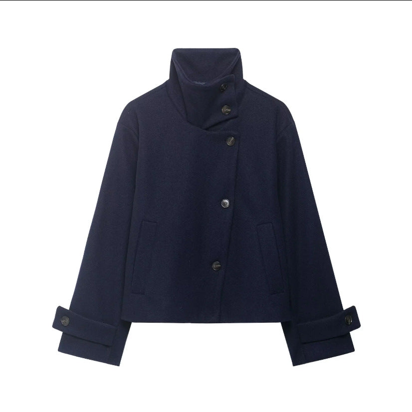 Women's Cropped Wool Blend Short Jacket with High Stand Collar, Asymmetric Button Placket and Cuffed Sleeves Amarae