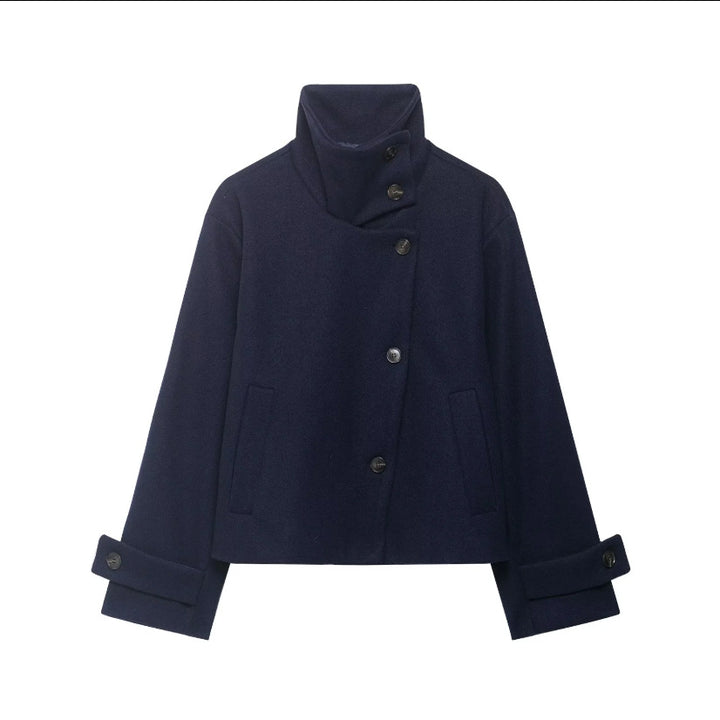 Women's Cropped Wool Blend Short Jacket with High Stand Collar, Asymmetric Button Placket and Cuffed Sleeves Amarae