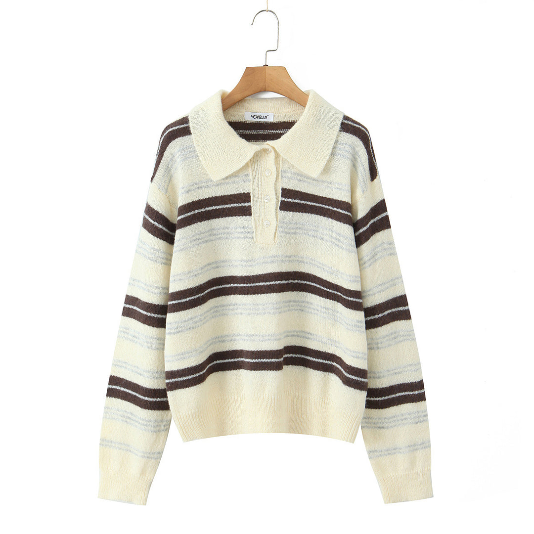 Elegant knitted sweater for women with polo collar and striped pattern Lune London