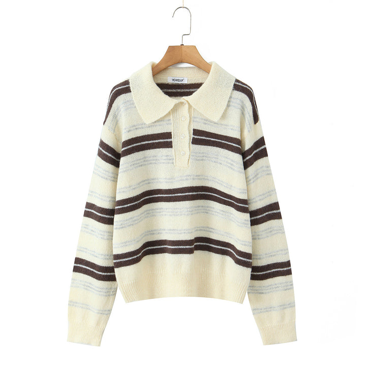 Elegant knitted sweater for women with polo collar and striped pattern Lune London