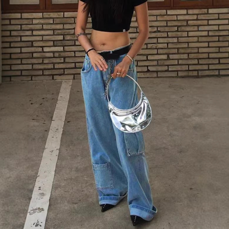 Women Extra Wide Baggy Jeans with Cargo Patches and Low Waist Amarae