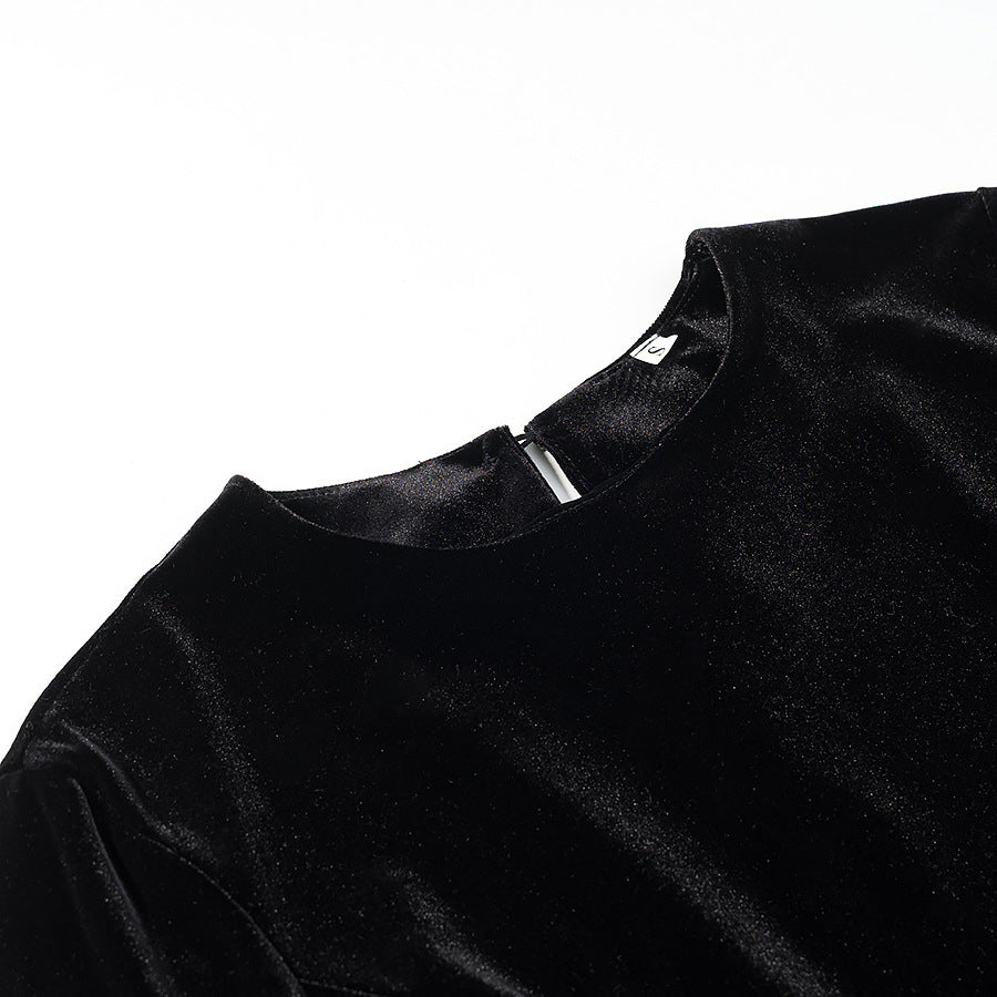 Women’s velvet blouse with lace trim and curved slit neckline Amarae