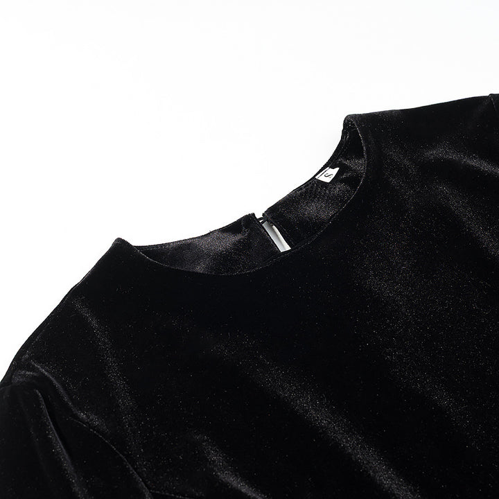 Women’s velvet blouse with lace trim and curved slit neckline Amarae